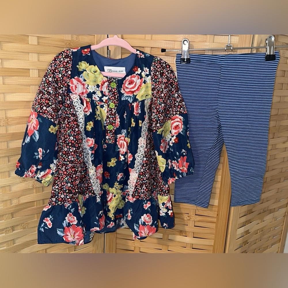Bonnie Jean 2T Floral Dress with Blue Striped Leggings set